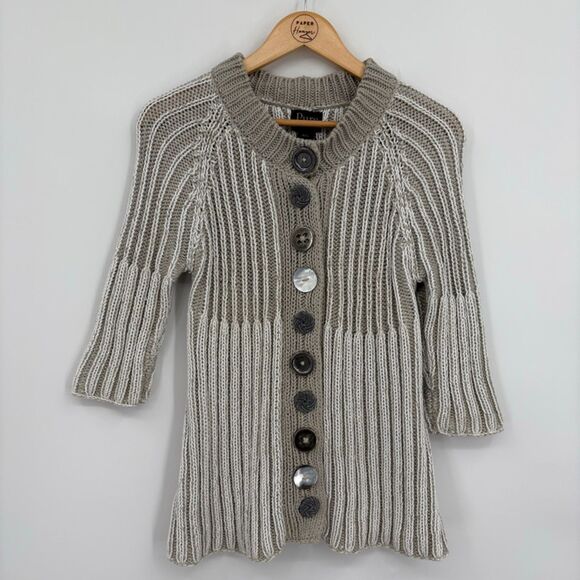 Pure Handknit Artsy Button Front Cardigan, Sz Med, Gray White Stripe, Granny - Picture 1 of 9